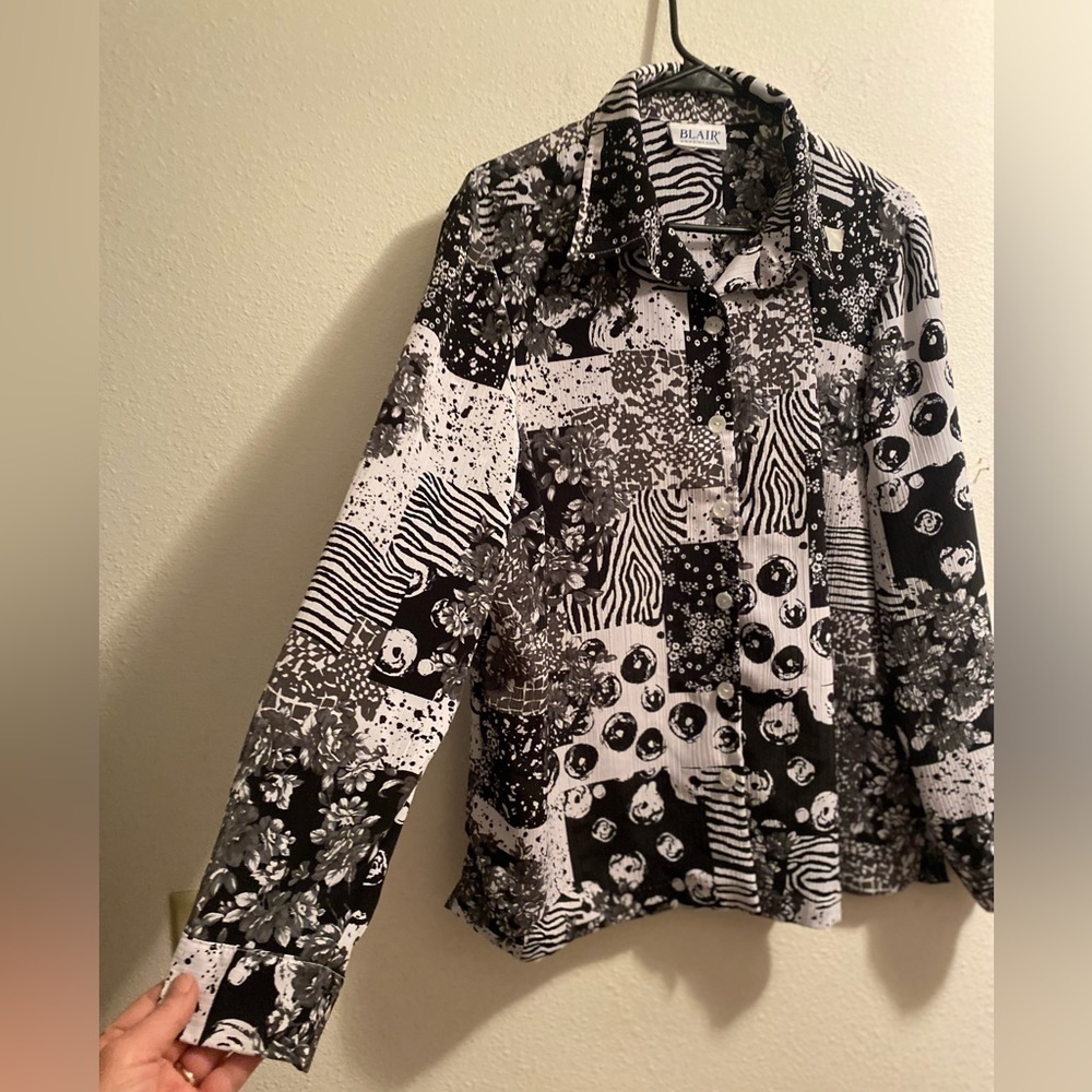 Blair Floral Career Blouse Womens Large Black & White Summer Lightweight